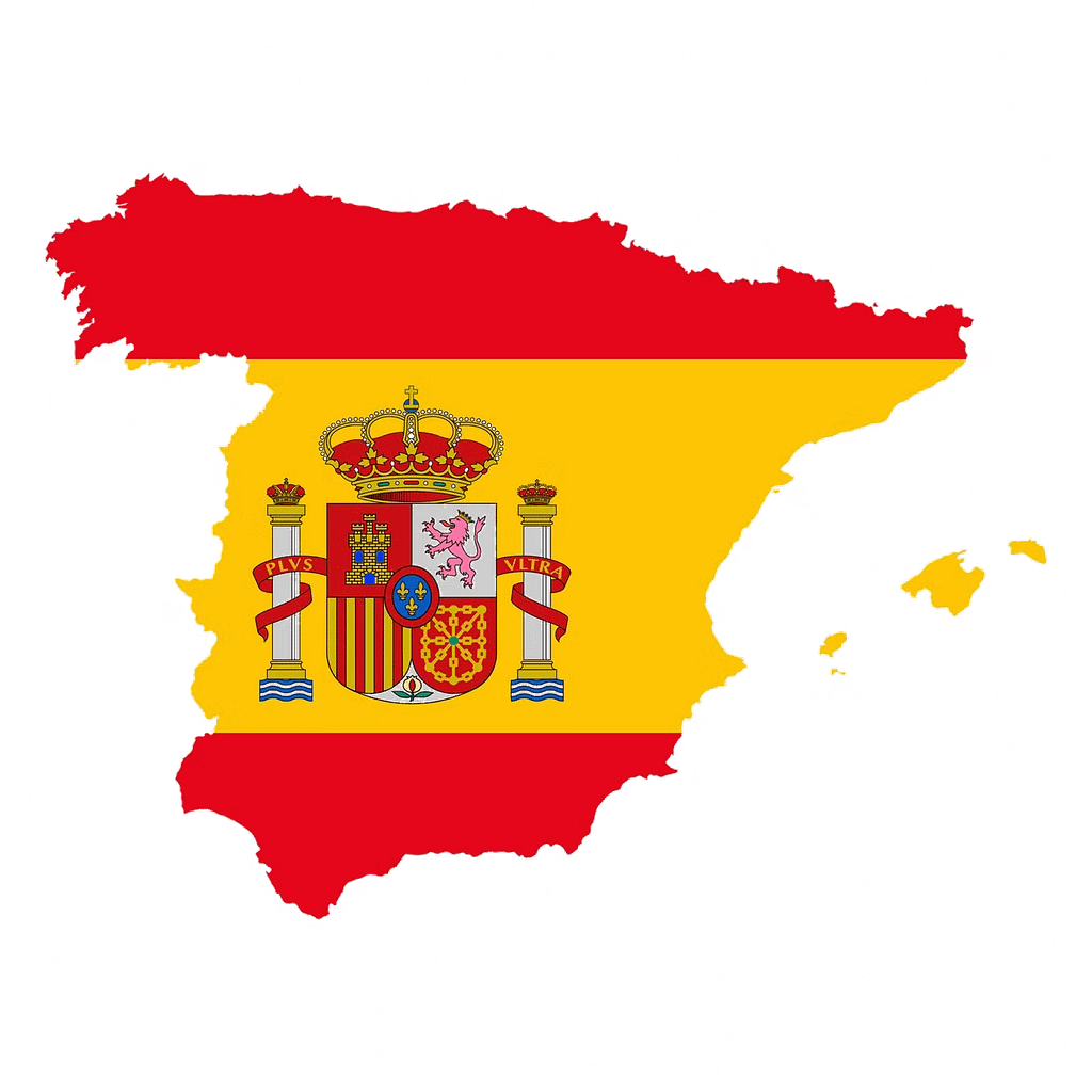 Outline of the country of Spain with the Spanish flag superimposed over the shape.