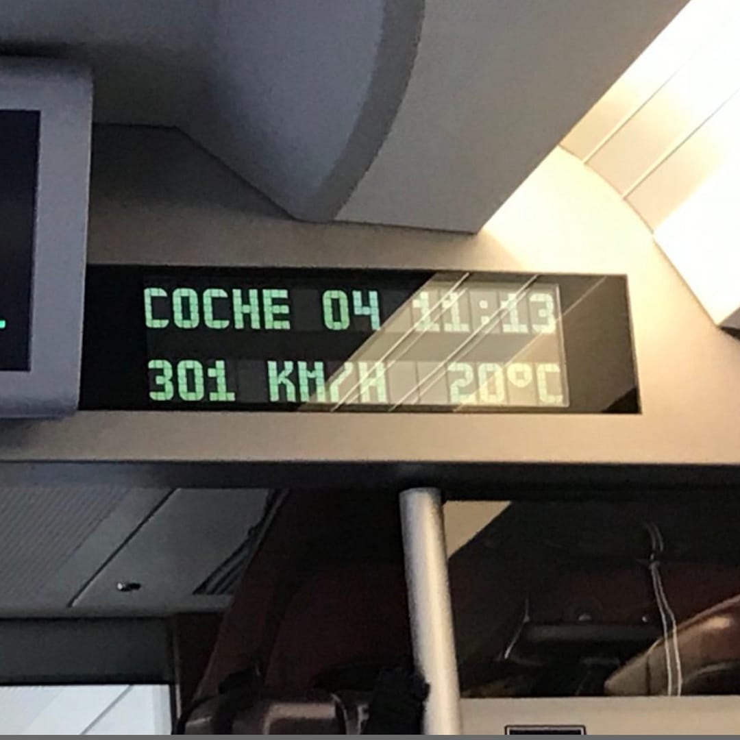 Sign in railway coach showing speed of 301 kph