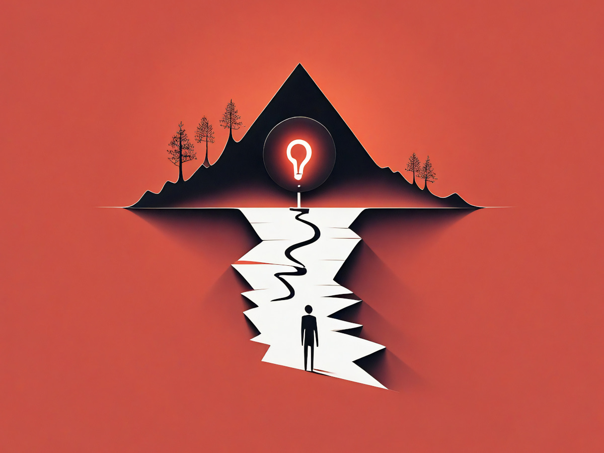 AI-generated image of mountain with lightbulb superimposed over it, and the light's reflection illuminating a path and silhouetting a figure standing before it on a red background.