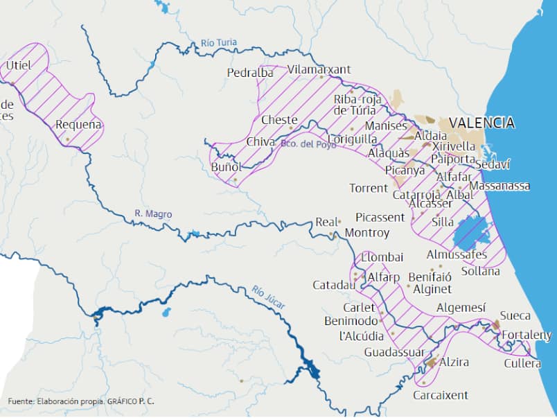 Cropped map of areas affected by flooding in Valencia Community, 2024-10-30