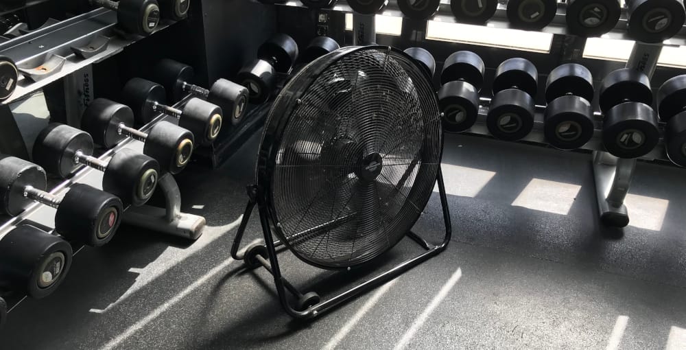 Large floor fan in front of hand weights.