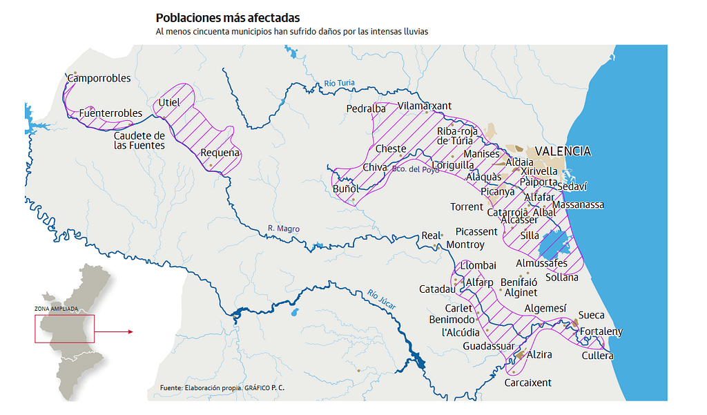 map-graphic Screengrab of map showing areas affected by flooding in the Valencian Community, 2024-10-30