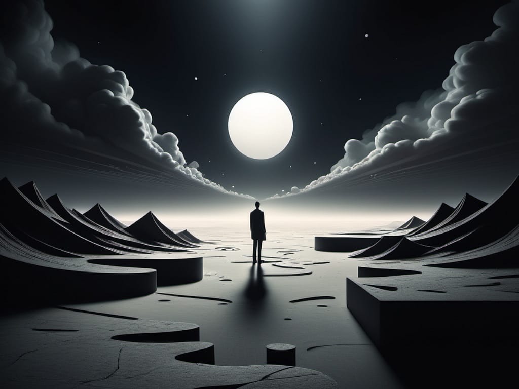 AI-generated image of black-and-white landscape illuminated by a moon and framed by clouds.