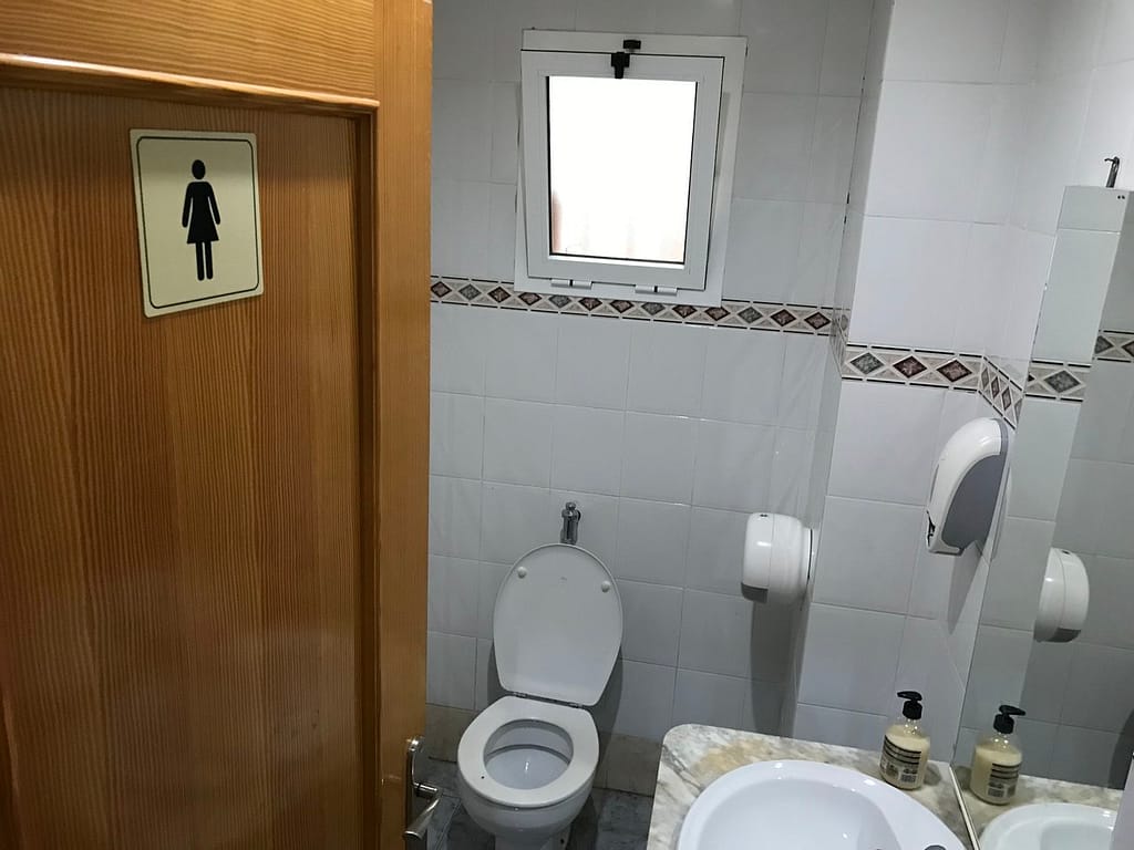 A picture of the women's restroom with the door ajar and showing the single fixture, a toliet.