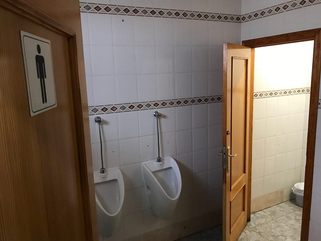 A picture showing the men's restroom with the door ajar showing the two urninals and one of the two toliets.