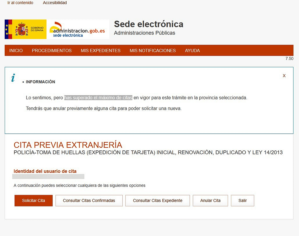 Screen capture showing that the user has exceeded the maximum number of appointments available.