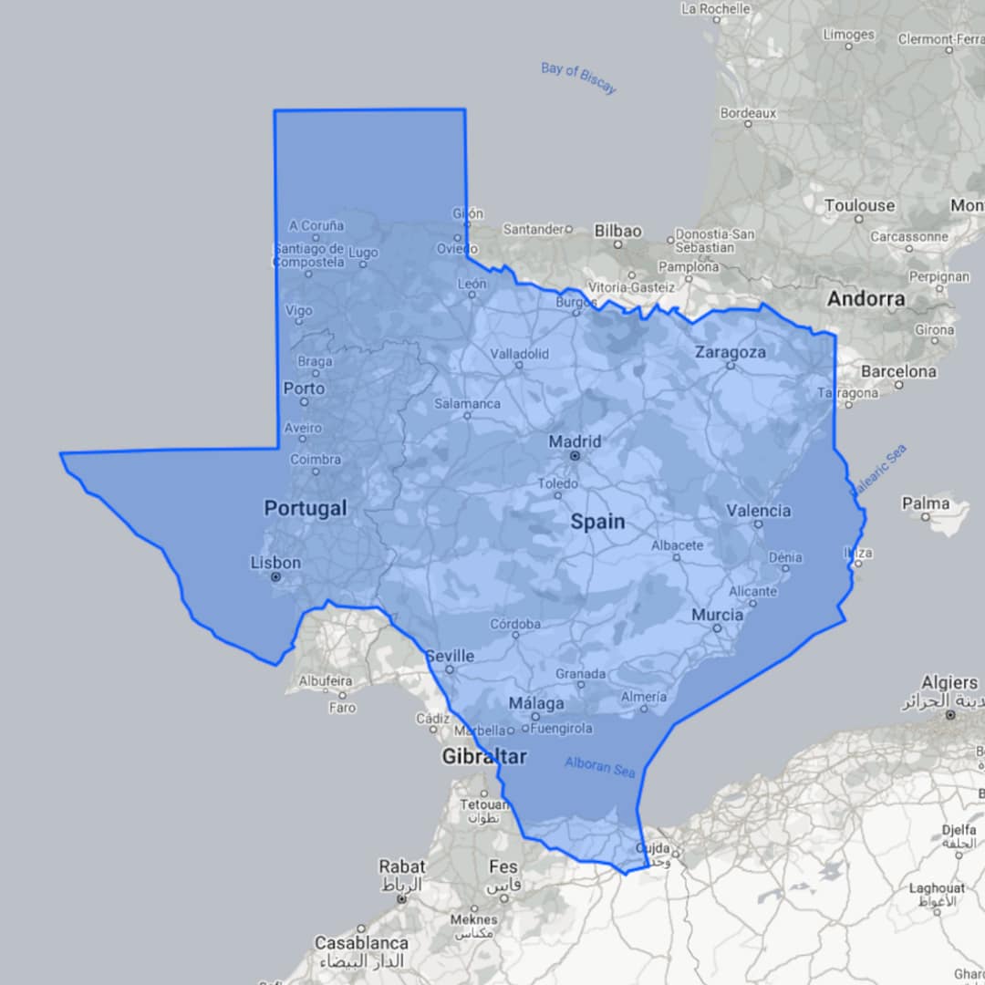 Overlay of Texas map over Spain