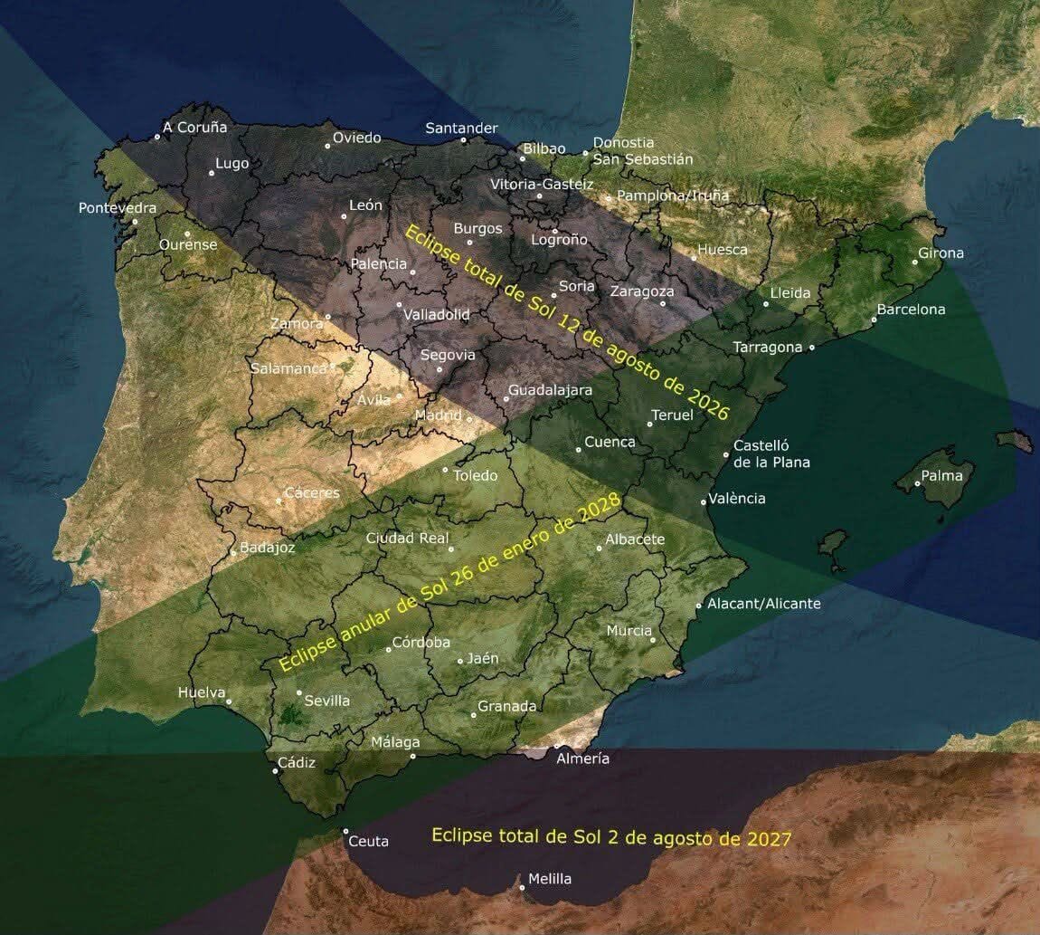 Map showing the path of eclipses in Spain for the years of 2026 to 2028.