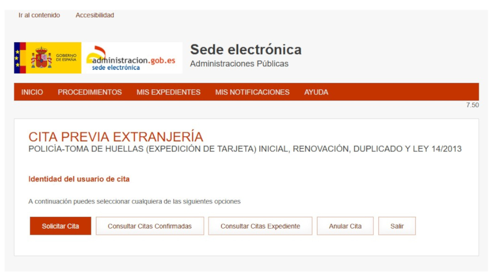 Log-in screen for solicitar cita (solicit appointment)