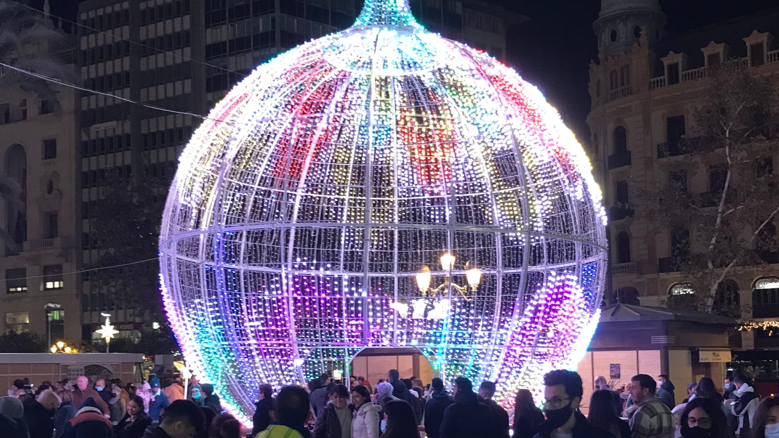 A giant ornament outlined in lights in the "Plaza del Ayuntamiento" (City Hall Square), Valencia.