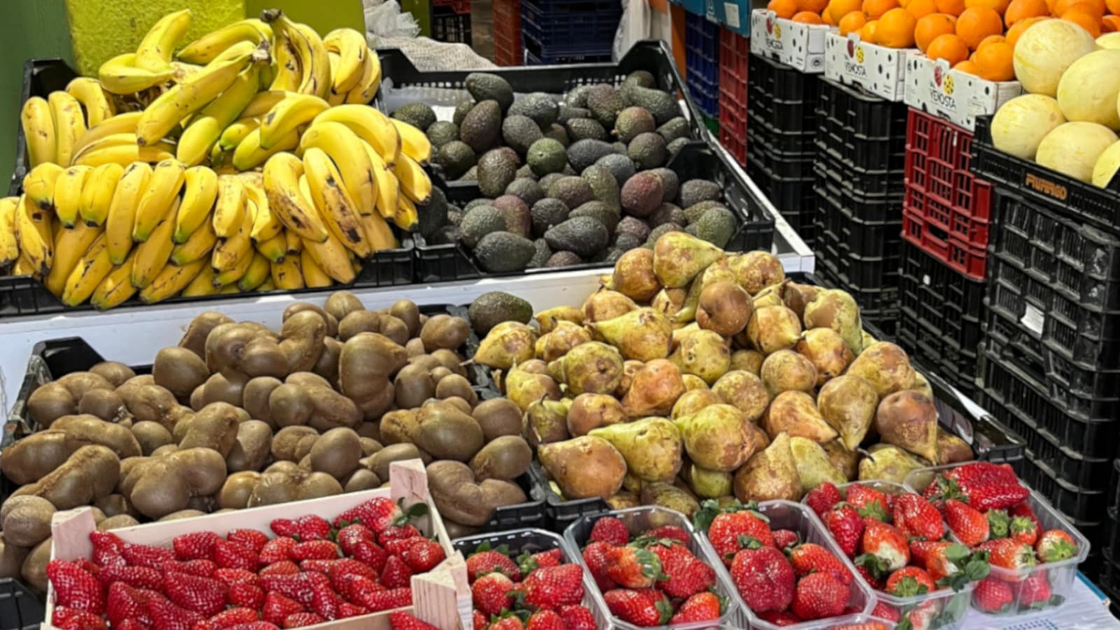 Picture of fresh fruits and vegetables at a frutería.