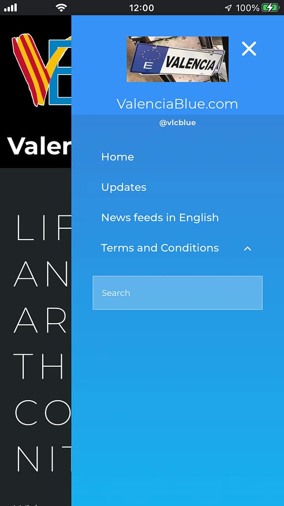 Screen capture shot of mobile phone browser showing website with hamburger menu option enabled.