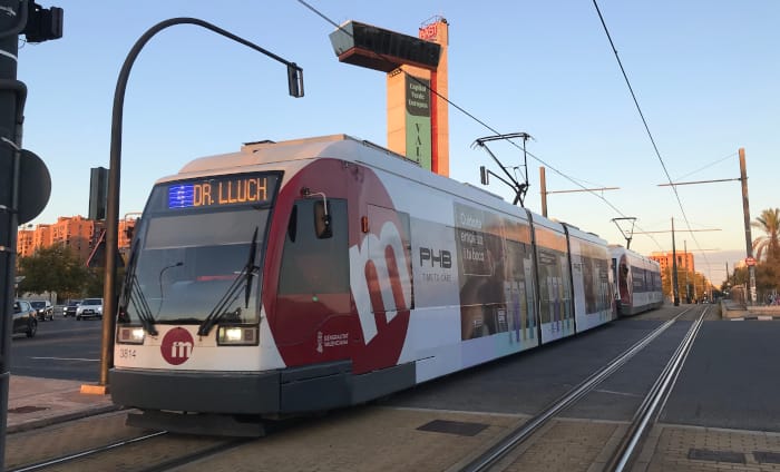 A Metro tram near the "UPV Universitat Politècnica de València."