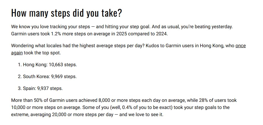 Screen capture from Garmin website showing countries with statistics about walking.