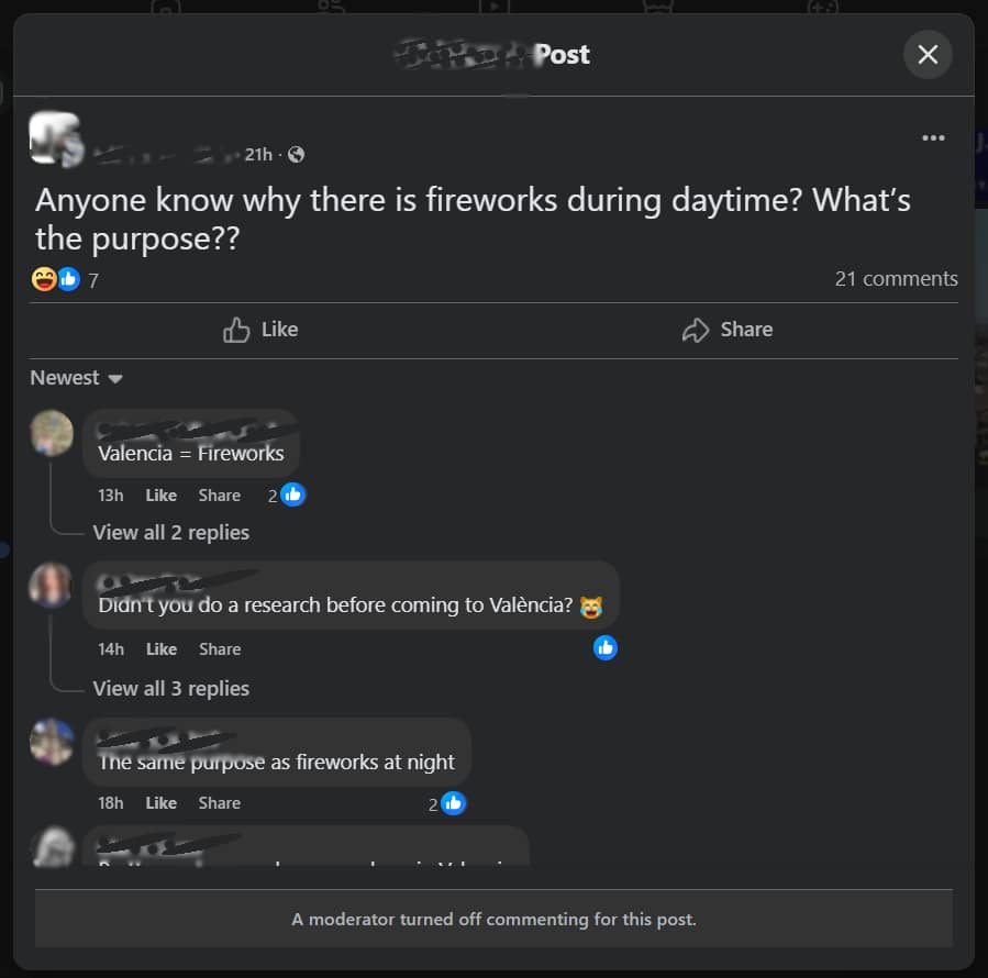 Screen shot of Facebook post with names blurred and obscured.